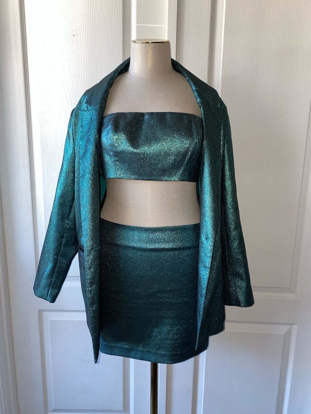 Nasty Gal Metallic Glitter Tailored 3-Piece Blazer, Bandeau, and Skirt Set